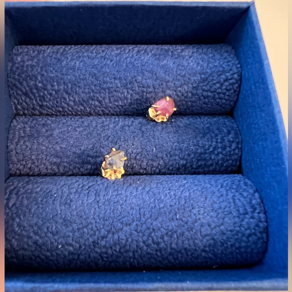 VARIANCE extra small asymmetrical ruby and sapphire studs.  14k yellow gold.
